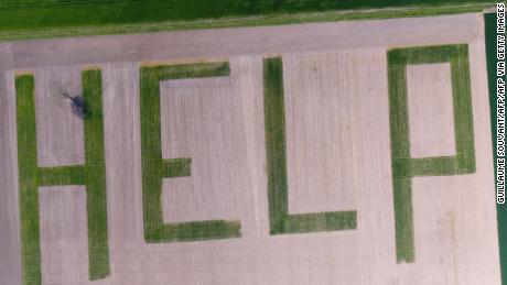 An aerial shot from a farm in France, highlighting the threat to agriculture of a warming planet. 