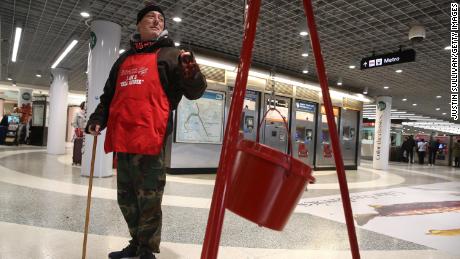 A Salvation Army volunteer bell ringer solicits donations at the Powell Street Bay Area Rapid Transit (BART) station on December 3, 2019, in San Francisco. 