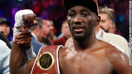 Crawford celebrates his ninth-round TKO victory over Jeff Horn in their WBO welterweight title fight at MGM Grand Garden Arena on June 9, 2018 in Las Vegas, Nevada.