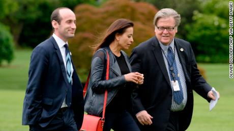 Stephen Miller and Steve Bannon, here with deputy National Security Adviser Dina Powell in 2017, both ended up working for President Trump. 