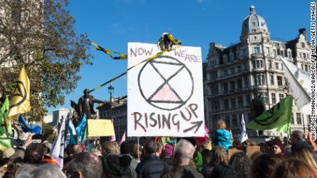 Hundreds of activists in Parliament Square for XR&#39;s &quot;declaration of rebellion&quot; in 2018.