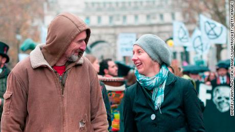 Gail Bradbrook and Roger Hallam at an Extinction Rebellion march in 2018.