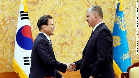 South Korean President Moon Jae-in and Special Representative for North Korea Stephen Biegun on December 16, 2019 in Seoul, South Korea.