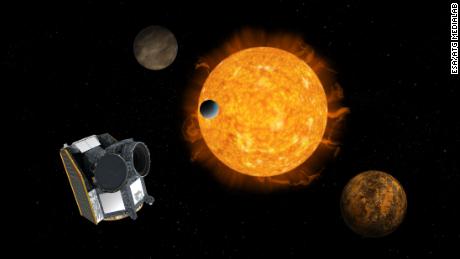 Artist impression of Cheops, the Characterising Exoplanet Satellite, with an exoplanet system in the background.