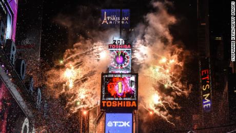 Fireworks explode in Times Square on December 31, 2018.