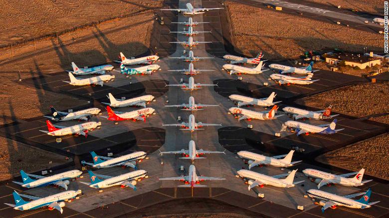 MOSES LAKE, WA - OCTOBER 23: Boeing 737 MAX airplanes, along with one Boeing 787 at top, are parked at Grant County International Airport October 23, 2019 in Moses Lake, Washington. Boeing reported that its profits were down by more than half in the latest quarter. The company has finished updates and testing on the 737 MAX and plans to have the planes flying by the end of the year. (Photo by David Ryder/Getty Images)