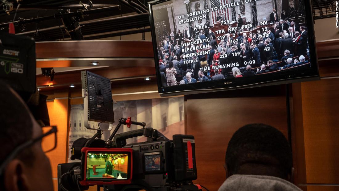 TV crews at the Capitol watch a live feed of the House votes.