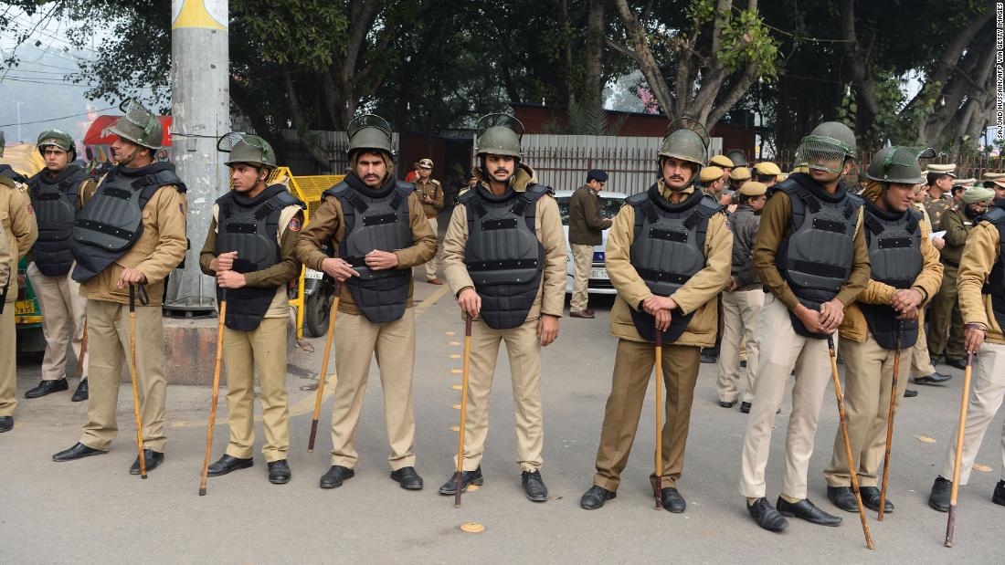 Police gather at a demonstration near the historic Red Fort in New Delhi.