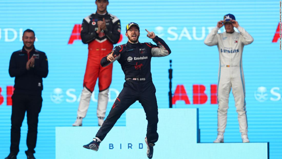 Sam Bird celebrates after winning the first race of the Formula E Championship.