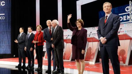 Democratic presidential candidates from left, entrepreneur Andrew Yang, South Bend Mayor Pete Buttigieg, Sen. Elizabeth Warren, D-Mass., former Vice President Joe Biden, Sen. Bernie Sanders, I-Vt., Sen. Amy Klobuchar, D-Minn., and businessman Tom Steyer stand on stage before a Democratic presidential primary debate Thursday, Dec. 19, 2019, in Los Angeles, Calif. (AP Photo/Chris Carlson)