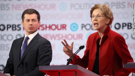 LOS ANGELES, CALIFORNIA - DECEMBER 19: Sen. Elizabeth Warren (D-MA) speaks as South Bend, Indiana Mayor Pete Buttigieg listens during the Democratic presidential primary debate at Loyola Marymount University on December 19, 2019 in Los Angeles, California. Seven candidates out of the crowded field qualified for the 6th and last Democratic presidential primary debate of 2019 hosted by PBS NewsHour and Politico. (Photo by Justin Sullivan/Getty Images)