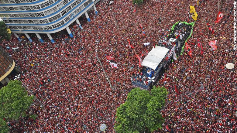 Flamengo fans flood the streets of Rio de Janeiro to celebrate the Copa Libertadores win.