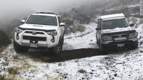 Snow is seen on the ground in Polipoli Spring State Recreation Area in Kula, Hawaii, on the island of Maui.