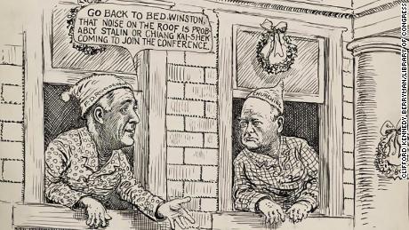 World War II cartoon, drawn on Christmas Eve, showing President Roosevelt and British Prime Minister Churchill leaning out the windows of the White House, wearing pajamas and nightcaps. On the roof can be seen two reindeer. Roosevelt says, &quot;Go back to bed, Winston, that noise on the roof is probably Stalin or Chiang Kai-Shek coming to join the conference.&quot; When the United States entered the war after the December 7, 1941 attack on Pearl Harbor by the Japanese, Churchill immediately visited Washington, arriving on December 22 for consultations with Roosevelt. Berryman suggests that the other Allied leaders may soon be wishing to consult as well.