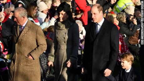 Prince Charles, Catherine, Duchess of Cambridge, Princess Charlotte of Cambridge (overlooked), Prince William and Prince George arrive at St Mary Magdalene Church in Sandringham, Norfolk, east England, for the Royal Family's traditional Christmas Day service.  25 December 2019.