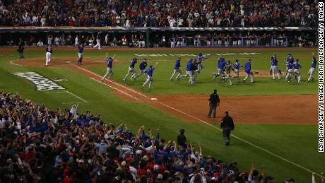 The Chicago Cubs celebrate defeating the Cleveland Indians 8-7 in Game Seven of the 2016 World Series.