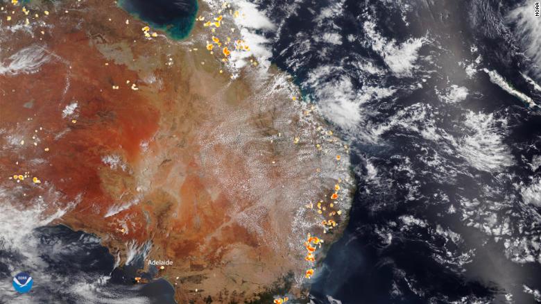 A satellite image of the bushfires burning across Australia on December 26.