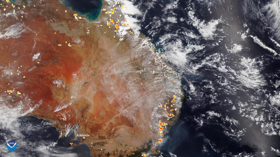 The National Oceanic and Atmospheric Administration (NOAA) captured this satellite image of the historic bushfires burning across Australia on December 26.