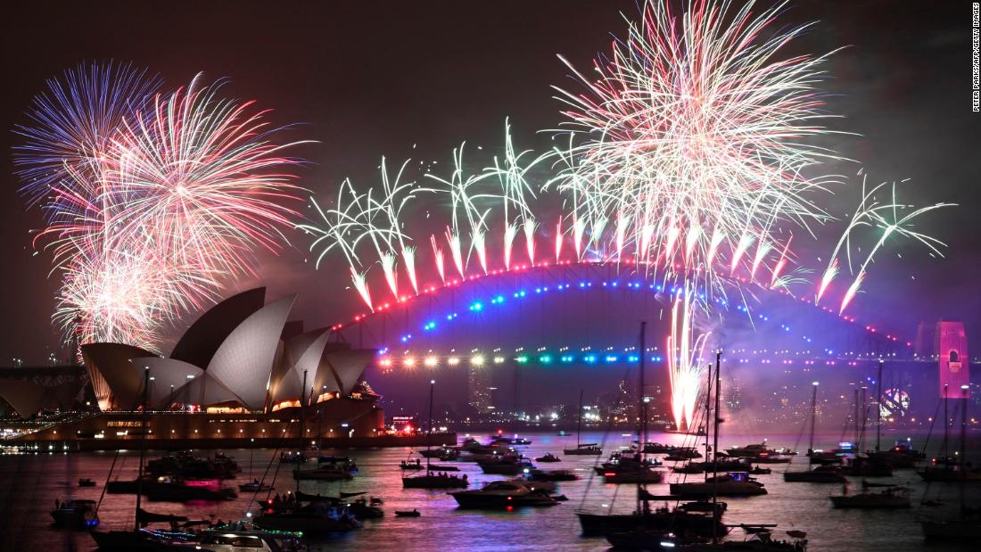 New Year&#39;s Eve fireworks erupt over Sydney&#39;s iconic Harbour Bridge and Opera House.