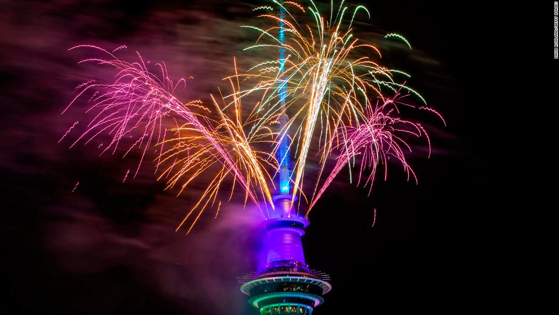 Fireworks are set off from the Sky Tower in Auckland, New Zealand.