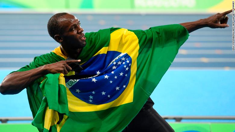 Usain Bolt with his trademark celebration of a gold medal for Jamaica in the 4x100m relay at the 2016 Rio Olympics. It was his eighth and final Olympic gold medal.