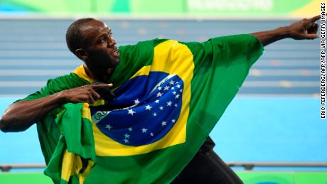 Usain Bolt with his trademark celebration of a gold medal for Jamaica in the 4x100m relay at the 2016 Rio Olympics. It was his eighth and final Olympic gold medal.