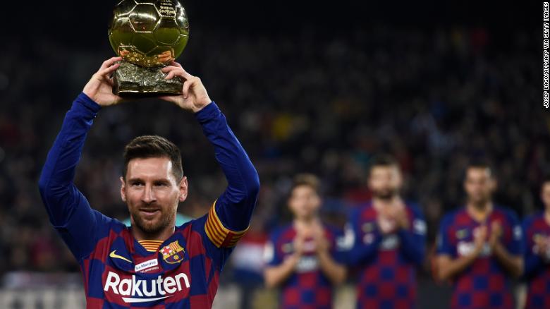 Lionel Messi poses with his sixth Ballon d&#39;Or before a La Liga game for Barcelona earlier this month. 