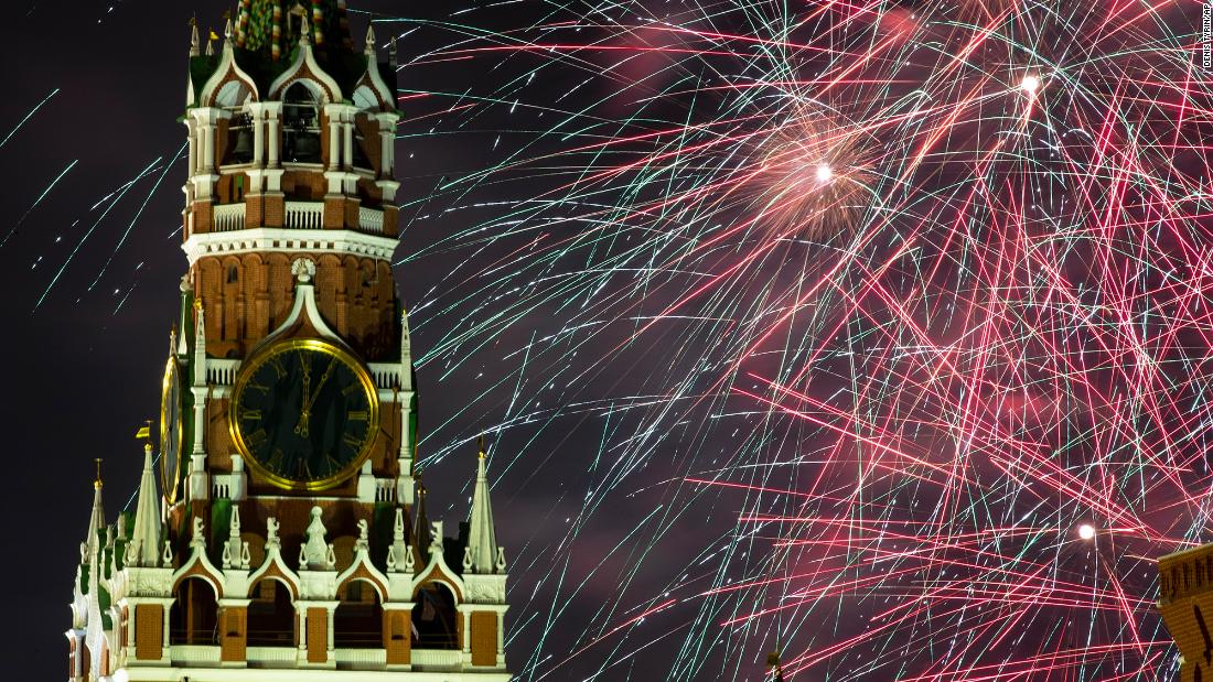 Fireworks explode near the Spasskaya Tower during New Year&#39;s celebrations in Moscow&#39;s Red Square.