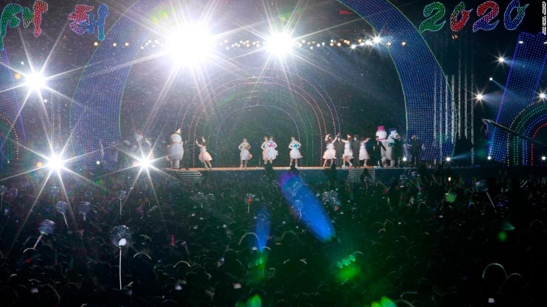 People enjoy performances during a New Year&#39;s celebration in North Korea&#39;s historic Kim Il Sung Square.