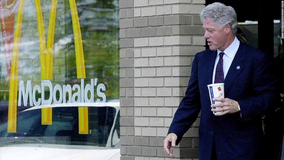 Clinton leaves a McDonald&#39;s in Monroe Michigan, in August 2000. The day before, he spoke at the Democratic National Convention, passing the Democratic Party&#39;s symbolic torch to Vice President Al Gore.