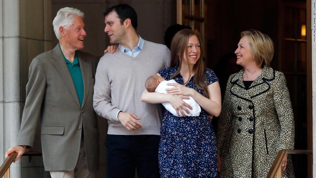 The Clintons, their daughter and their son-in-law leave a hospital in June 2016 after Chelsea gave birth to her first son, Aidan.