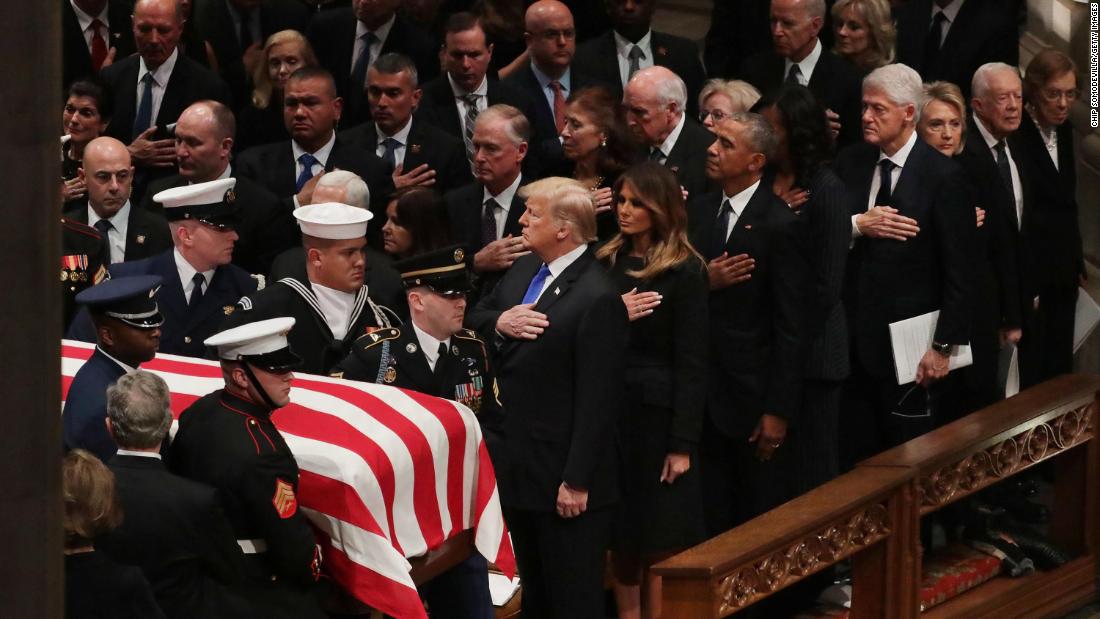 President Donald Trump and first lady Melania Trump join the Clintons and other former Presidents and first ladies at the state funeral for George H.W. Bush in December 2018.