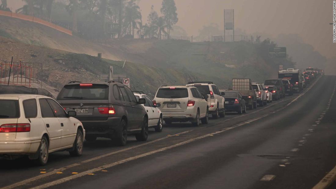 Cars line up as people evacuate the town of Batemans Bay in New South Wales on January 2.