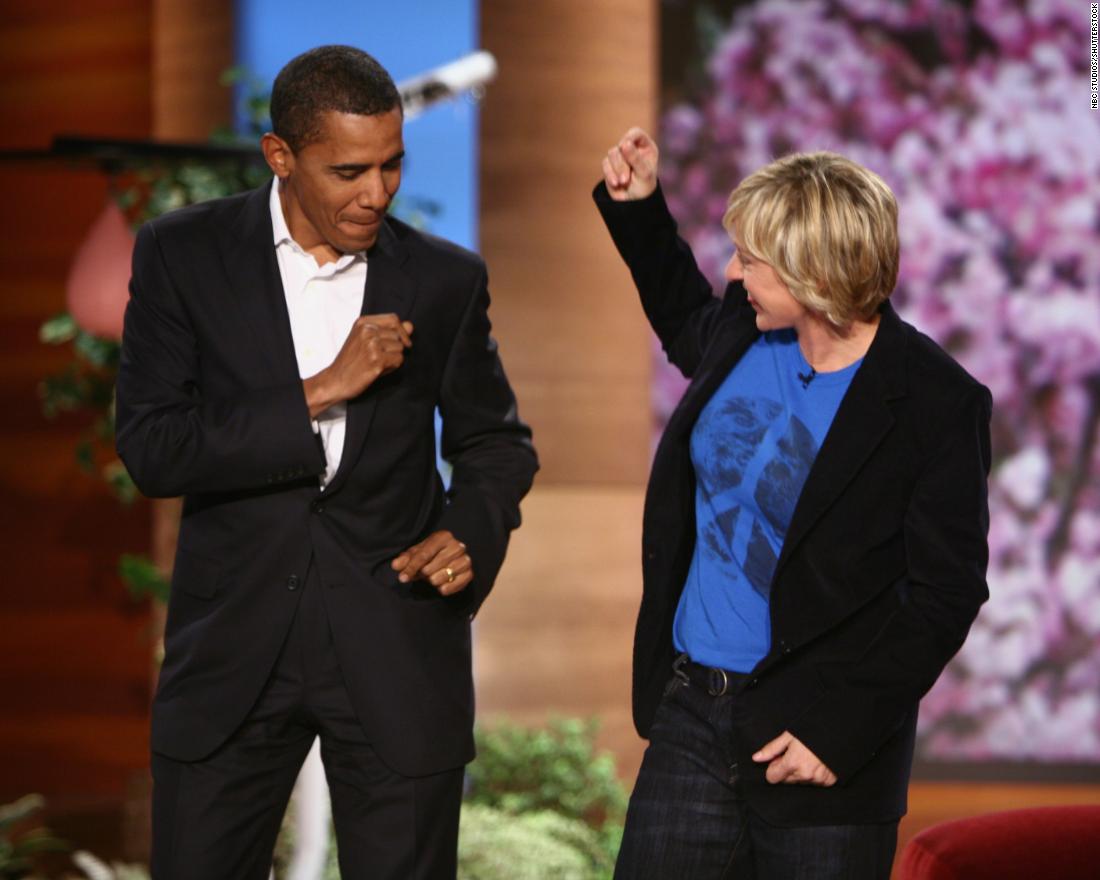 DeGeneres dances with presidential candidate Barack Obama during an episode of her talk show in 2007. Obama was elected president in 2008.