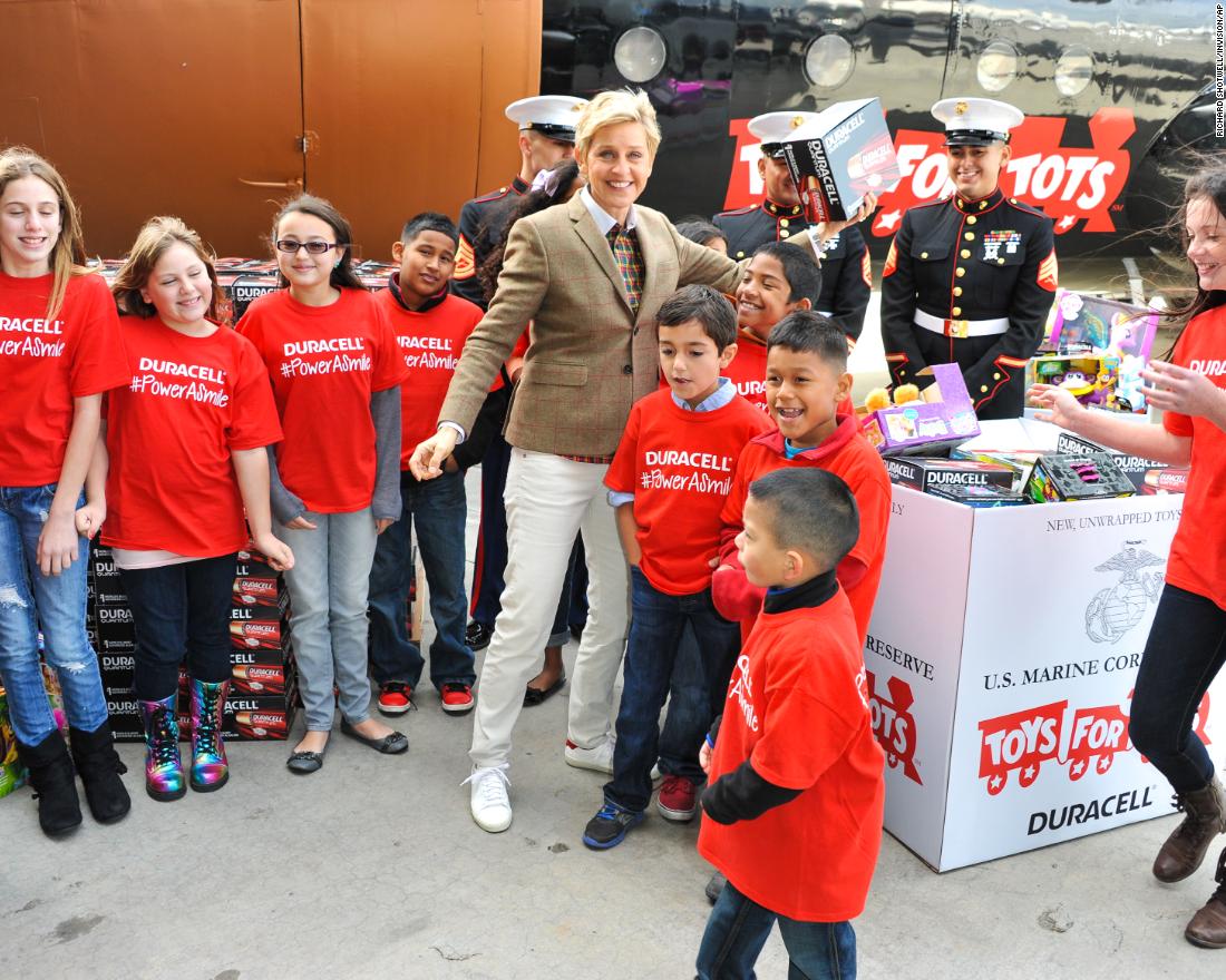 DeGeneres, US Marines and children attend the launch of Duracell&#39;s &quot;Power a Smile&quot; program in 2013.