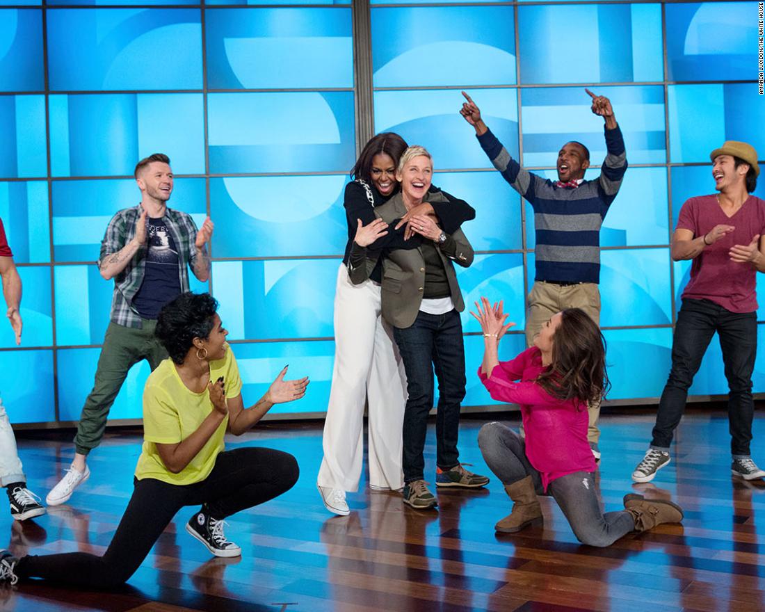 First lady Michelle Obama hugs DeGeneres after they danced during an episode of &quot;The Ellen DeGeneres Show&quot; in 2015.