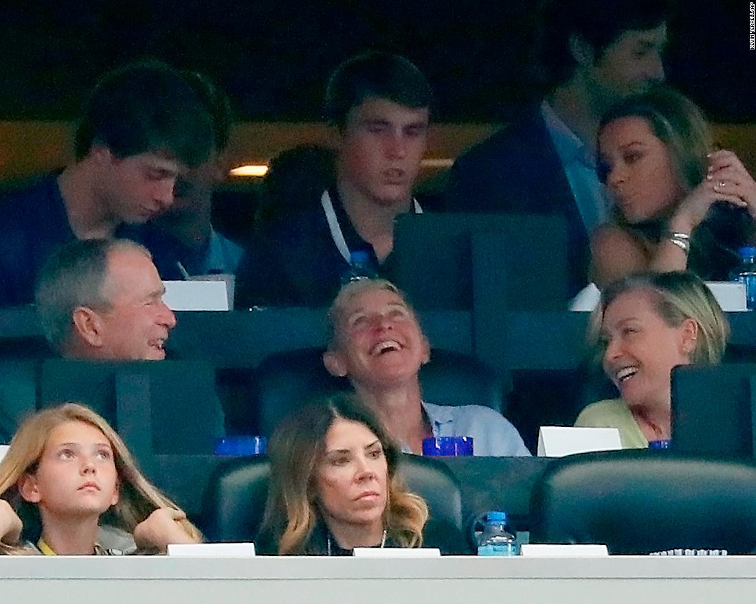 Former US President George W. Bush shares a laugh with DeGeneres and de Rossi at an NFL football game in 2019. Some people criticized DeGeneres online for hanging out with Bush. DeGeneres &lt;a href=&quot;https://www.cnn.com/2019/10/08/entertainment/ellen-degeneres-george-bush/index.html&quot; target=&quot;_blank&quot;&gt;addressed it on her show.&lt;/a&gt; &quot;Just because I don&#39;t agree with someone on everything doesn&#39;t mean that I&#39;m not going to be friends with them,&quot; she said. &quot;When I say, &#39;be kind to one another,&#39; I don&#39;t only mean the people that think the same way that you do. I mean be kind to everyone.&quot;
