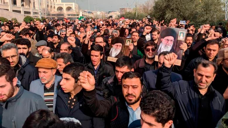 Protesters in Tehran demonstrate Friday against the airstrike in Iraq.