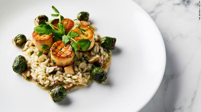 Golden Globes 2020 King oyster mushroom & scallops rest on a bed of risotto 