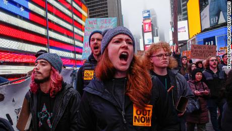 Anti-war protesters at Times Square in New York on January 4, 2020. 