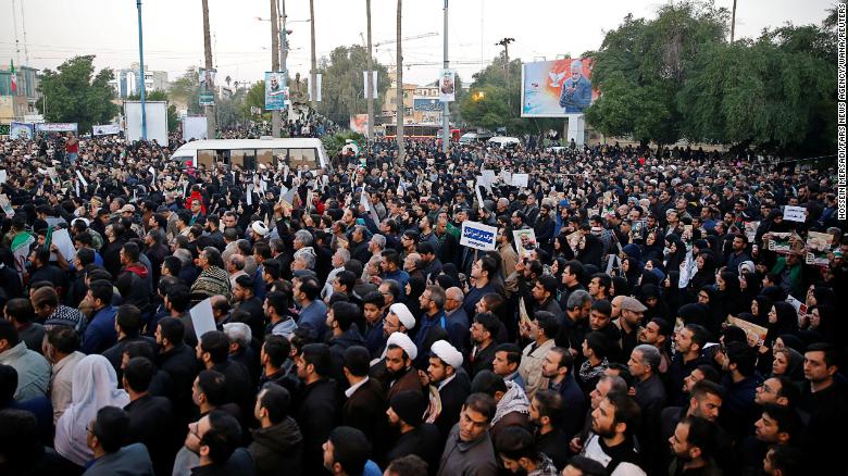 People attend a funeral procession for Iranian Major-General Qassem Soleimani, head of the elite Quds Force, and Iraqi militia commander Abu Mahdi al-Muhandis, who were killed in an air strike at Baghdad airport, in Ahvaz, Iran January 5, 2020. Hossein Mersadi/Fars news agency/WANA (West Asia News Agency) via REUTERS ATTENTION EDITORS - THIS IMAGE HAS BEEN SUPPLIED BY A THIRD PARTY