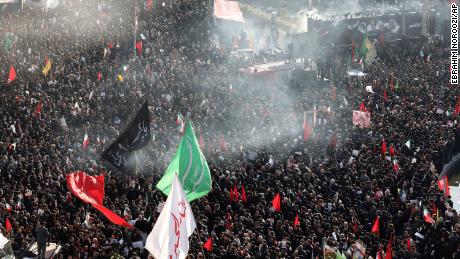 Mourners attend a funeral ceremony for Iranian Gen. Qassem Soleimani and his comrades, who were killed in Iraq in a U.S. drone strike on Friday, at the Enqelab-e-Eslami (Islamic Revolution) square in Tehran, Iran, Monday, Jan. 6, 2020.