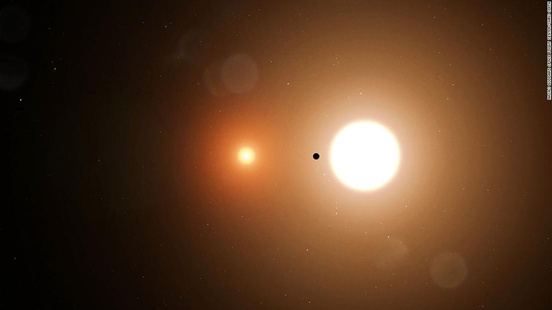TOI 1338 b is silhouetted by its two host stars, making it the first such discovery for the TESS mission. TESS only detects transits from the larger star