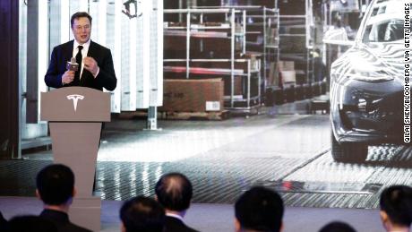 Tesla CEO Elon Musk speaks during a ceremony at the company&#39;s Gigafactory in Shanghai, China, on Tuesday.