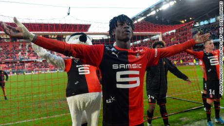 Eduardo Camavinga greets fans after Rennes&#39; French Cup victory over Amiens.