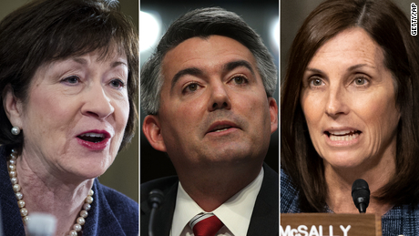 Three of the most vulnerable senators in 2020 are Susan Collins of Maine (left), Cory Gardner of Colorado (center) and Martha McSally of Arizona (right).