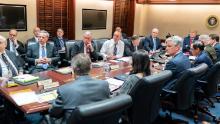 The White House released this photo of President Trump, Vice President Mike Pence and other officials in the Situation Room of the White House, on a further meeting about the Islamic Republic of Iran missile attacks on U.S. military facilities in Iraq.