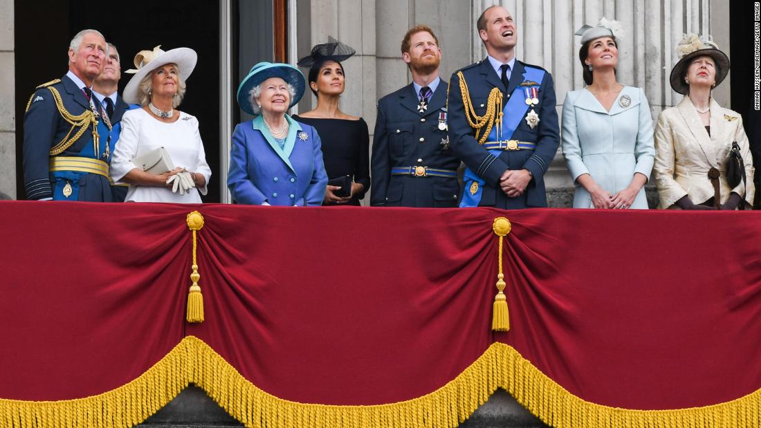 Members of the royal family watch a flyover during a July 2018 event marking the centenary of the Royal Air Force. From left are Prince Charles; Prince Andrew; Camilla, Duchess of Cornwall; Queen Elizabeth II; Meghan; Harry; Prince William; and Catherine, Duchess of Cambridge.