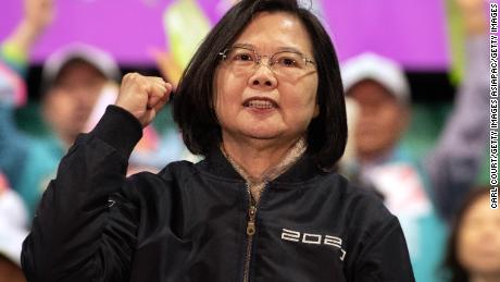 President Tsai Ing-wen gestures on stage during a rally on Wednesday, January 8, in Taoyuan, Taiwan, ahead of Saturday&#39;s presidential election.