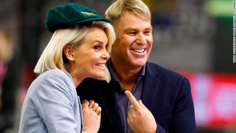  Fox Sports commentator Sarah Jones and Shane Warne, with his baggy green cap which has been sold for more than $1 million, with all funds going to the bushfire appeal, ahead of the Big Bash League match between the Melbourne Renegades and the Melbourne Stars at Marvel Stadium on January 10, 2020 in Melbourne, Australia. (